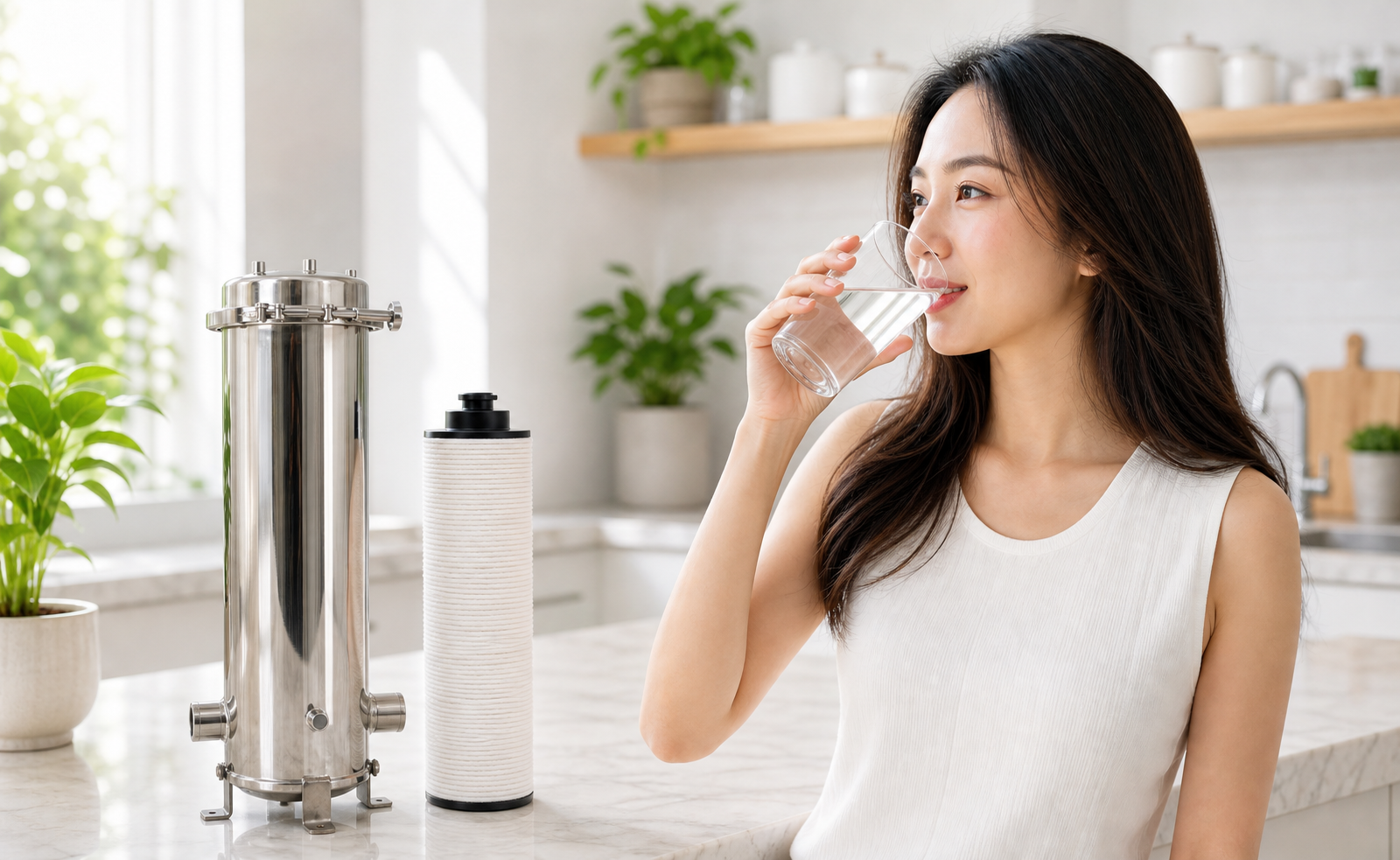 時髦女性飲用淨水情境